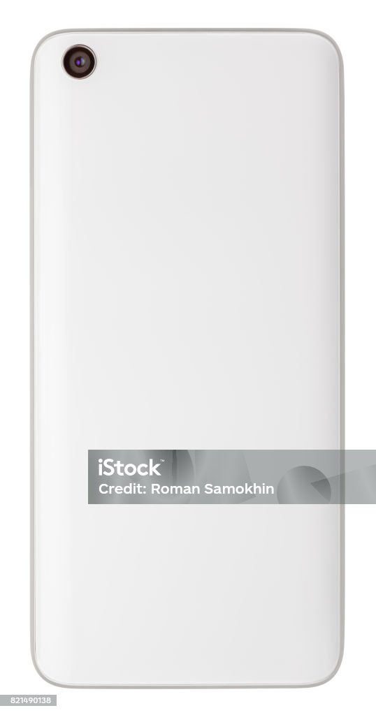 Back view of modern white smartphone isolated on white Back view of modern white smartphone with camera and flash isolated on white background. Smart phone with clipping path Rear View Stock Photo