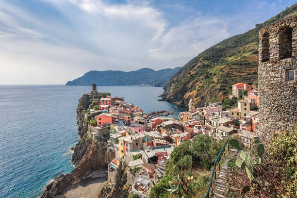 Scenic view of Vernazza and ocean, Cinque Terre, Italy. stock photo
