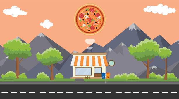 pizza food store on sidewalk with tree and mountain as background pizza food store on sidewalk with tree and mountain as background vector pizza place stock illustrations