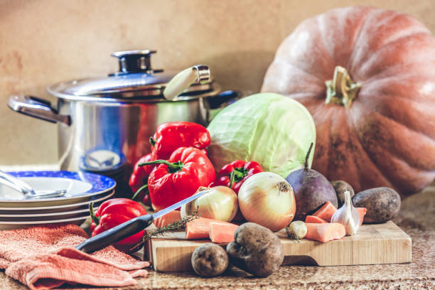istock set of vegetables and dishes on kitchen table 821501950