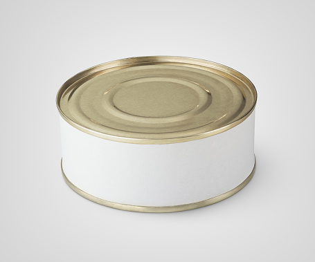Small tin can with blank label on gray background