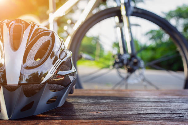 istock set bicycle equipment on a top wood 821513202