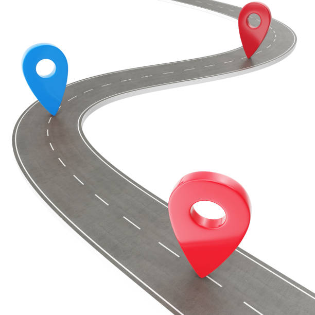 istock Road trip and Journey route. Winding Road on a white background with Pin Pointer. Road way location infographic template with pin pointer, 3d Rendering 821516018