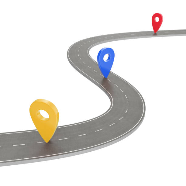 istock Road trip and Journey route. Winding Road on a white background with Pin Pointer. Road way location infographic template with pin pointer, 3d Rendering 821516026