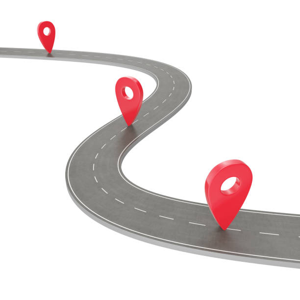 istock Road trip and Journey route. Winding Road on a white background with Pin Pointer. Road way location infographic template with pin pointer, 3d Rendering 821516040
