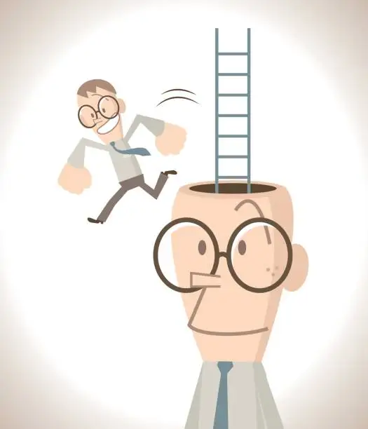 Vector illustration of Businessman with open head and ladder, a little business man escaping (leaving) from the head