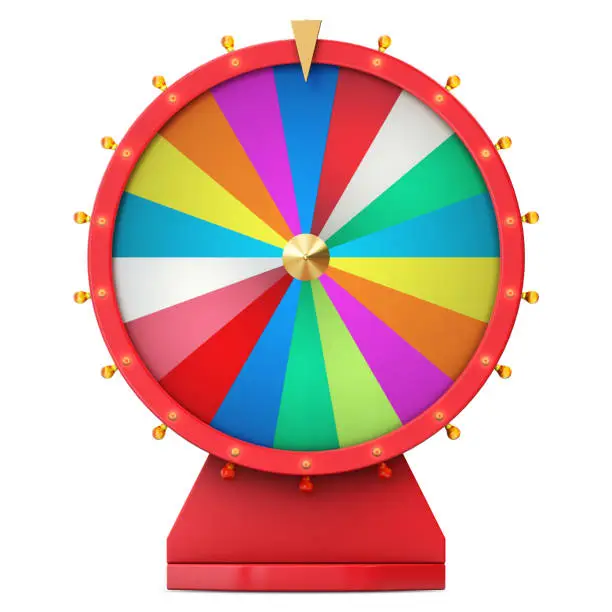 Colorful wheel of luck or fortune. Realistic spinning fortune wheel. Wheel fortune isolated on white background. 3d illustration