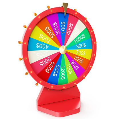 Colorful wheel of luck or fortune. Realistic spinning fortune wheel. Wheel fortune isolated on white background. 3d illustration