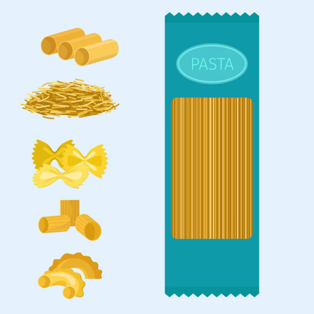 illustrazioni stock, clip art, cartoni animati e icone di tendenza di diversi tipi di pasta integrale grano mais riso noodles cibo biologico maccheroni nutrizione gialla prodotti per la cena illustrazione vettoriale - spaghetti crudi
