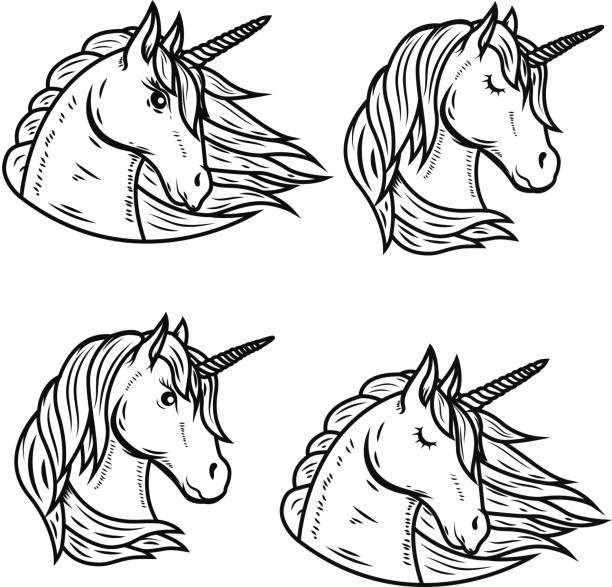 ilustraciones, imágenes clip art, dibujos animados e iconos de stock de conjunto de cabeza de unicornio aislado sobre fondo blanco. ilustración de vector - unicornio cabeza