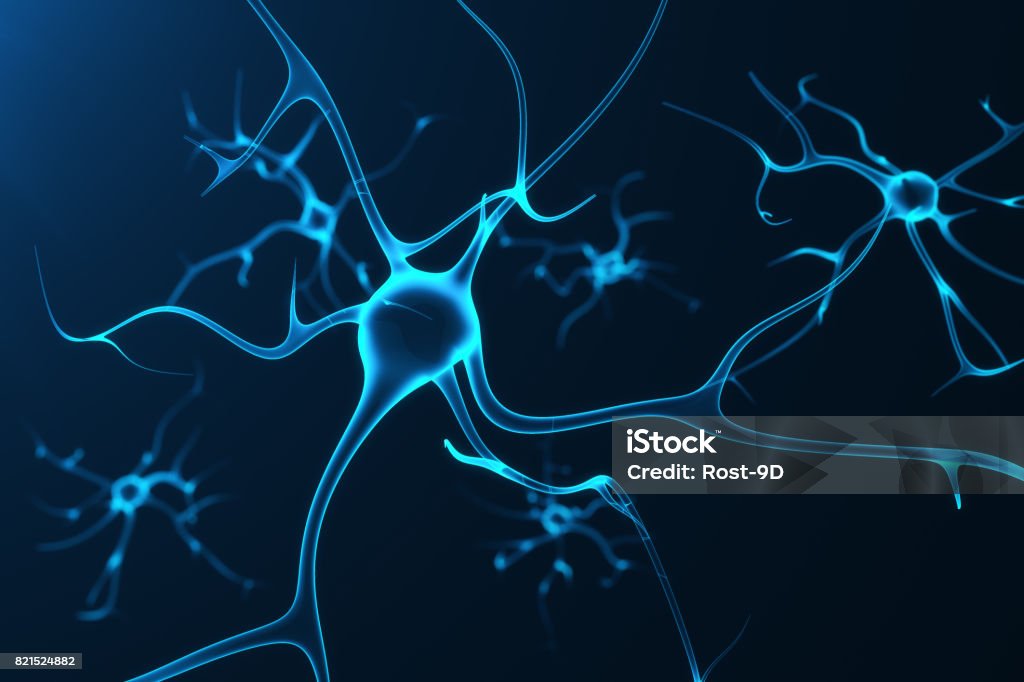 Conceptual illustration of neuron cells with glowing link knots. Synapse and Neuron cells sending electrical chemical signals. Neuron of Interconnected neurons with electrical pulses, 3D rendering Conceptual illustration of neuron cells with glowing link knots. Synapse and Neuron cells sending electrical chemical signals. Neuron of Interconnected neurons with electrical pulses. 3D rendering Achievement Stock Photo