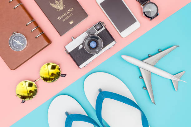 istock Summer travel fashion and objects on pastel background 821525012