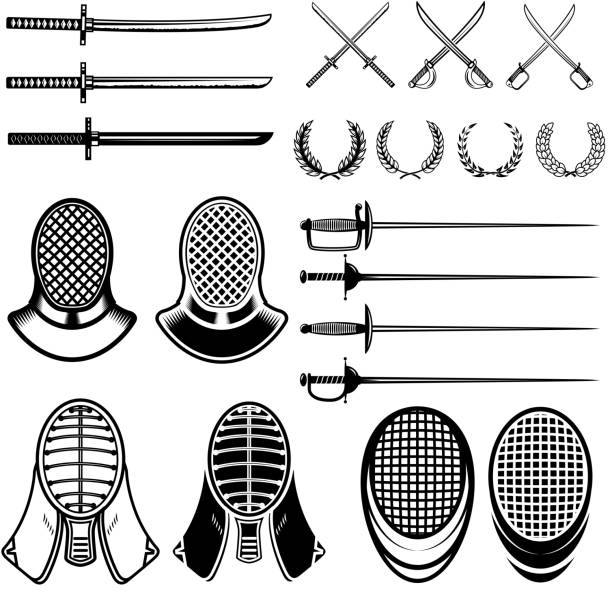 Set of Fencing design elements. Fencing swords, masks, japan katana. Vector illustration Set of Fencing design elements. Fencing swords, masks, japan katana. Vector illustration fencing sport stock illustrations