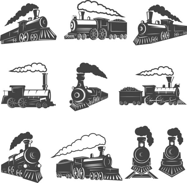 白い背景に分離されたビンテージ列車のセット。ラベル、ブランド マーク、サイン、ポスターのデザイン要素です。ベクトル図 - steam engine点のイラスト素材／クリップアート素材／マンガ素材／アイコン素材