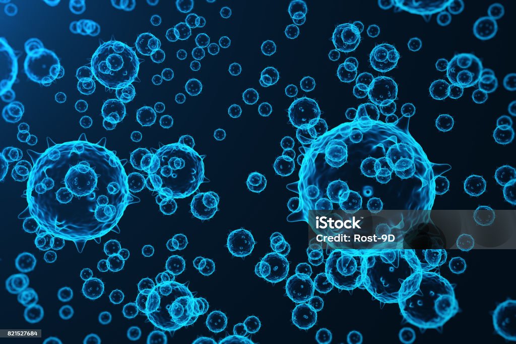 Virus and germs, bacteria, cell infected organism. Influenza Virus H1N1, Swine Flu on abstract background. Blue viruses glowing in attractive colour, 3D rendering Virus and germs, bacteria, cell infected organism. Influenza Virus H1N1, Swine Flu on abstract background. Blue viruses glowing in attractive colour. 3D rendering Biological Cell Stock Photo