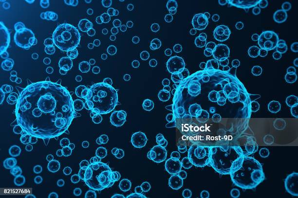 Virus And Germs Bacteria Cell Infected Organism Influenza Virus H1n1 Swine Flu On Abstract Background Blue Viruses Glowing In Attractive Colour 3d Rendering Stock Photo - Download Image Now