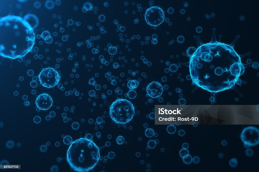 Virus and germs, bacteria, cell infected organism. Influenza Virus H1N1, Swine Flu on abstract background. Blue viruses glowing in attractive colour, 3D rendering Virus and germs, bacteria, cell infected organism. Influenza Virus H1N1, Swine Flu on abstract background. Blue viruses glowing in attractive colour. 3D rendering Biological Cell Stock Photo