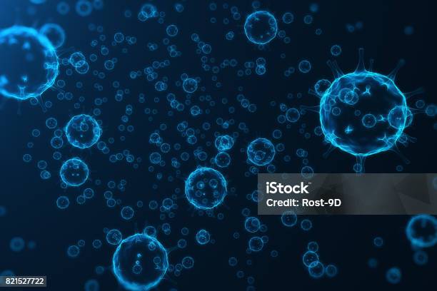 Virus And Germs Bacteria Cell Infected Organism Influenza Virus H1n1 Swine Flu On Abstract Background Blue Viruses Glowing In Attractive Colour 3d Rendering Stock Photo - Download Image Now