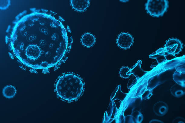 바이러스와 세균, 박테리아, 세포 감염 유기 체. 인플루엔자 바이러스 h1n1, 돼지 독감 추상적인 배경에. 매력적인 컬러, 3d에 빛나는 블루 바이러스 렌더링 - micro organism 뉴스 사진 이미지