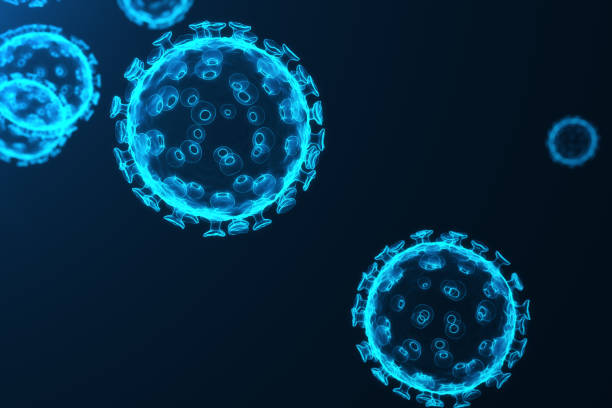 virus and germs, bacteria, cell infected organism. influenza virus h1n1, swine flu on abstract background. blue viruses glowing in attractive colour, 3d rendering - virus molecular structure healthcare and medicine russian influenza imagens e fotografias de stock