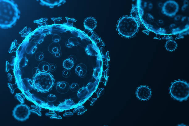 virus and germs, bacteria, cell infected organism. influenza virus h1n1, swine flu on abstract background. blue viruses glowing in attractive colour, 3d rendering - virus molecular structure healthcare and medicine russian influenza imagens e fotografias de stock