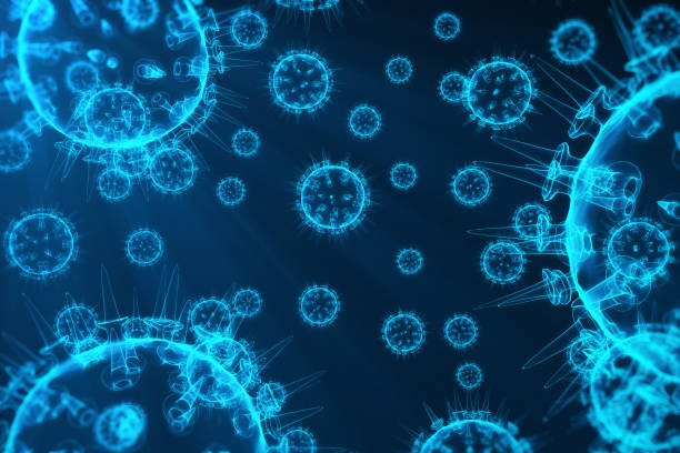 viren und keime, bakterien, infizierte zelle organismus. influenza-virus h1n1, schweinegrippe auf abstrakten hintergrund. blaue viren glühen in attraktiven farben, 3d rendering - retrovirus stock-fotos und bilder