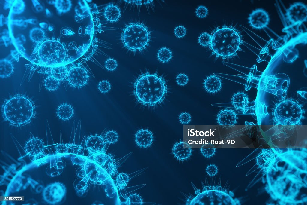 ウイルスや細菌、細菌、微生物感染を受けた細胞。インフルエンザ ウイルス H1N1 豚インフルエンザの抽象的な背景3 D、魅力的な色で輝く青いウイルスをレンダリング - インフルエンザ菌のロイヤリティフリーストックフォト