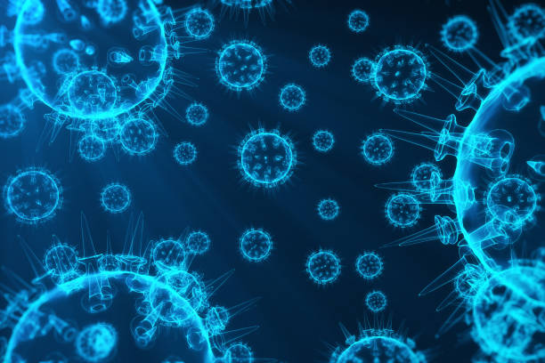 istock Virus and germs, bacteria, cell infected organism. Influenza Virus H1N1, Swine Flu on abstract background. Blue viruses glowing in attractive colour, 3D rendering 821527770