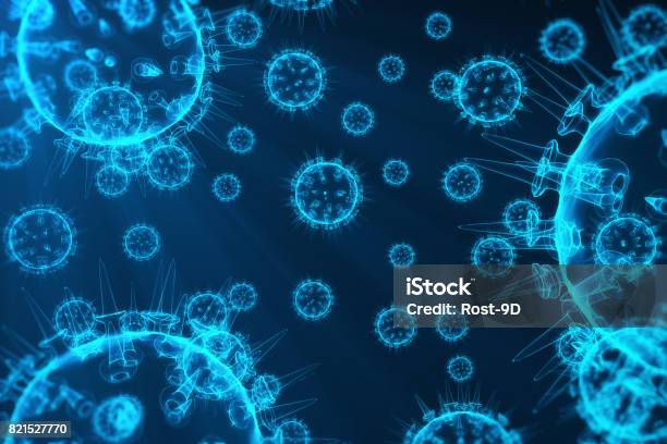 Virus And Germs Bacteria Cell Infected Organism Influenza Virus H1n1 Swine Flu On Abstract Background Blue Viruses Glowing In Attractive Colour 3d Rendering Stock Photo - Download Image Now