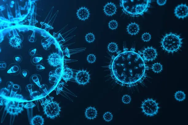 Virus and germs, bacteria, cell infected organism. Influenza Virus H1N1, Swine Flu on abstract background. Blue viruses glowing in attractive colour. 3D rendering
