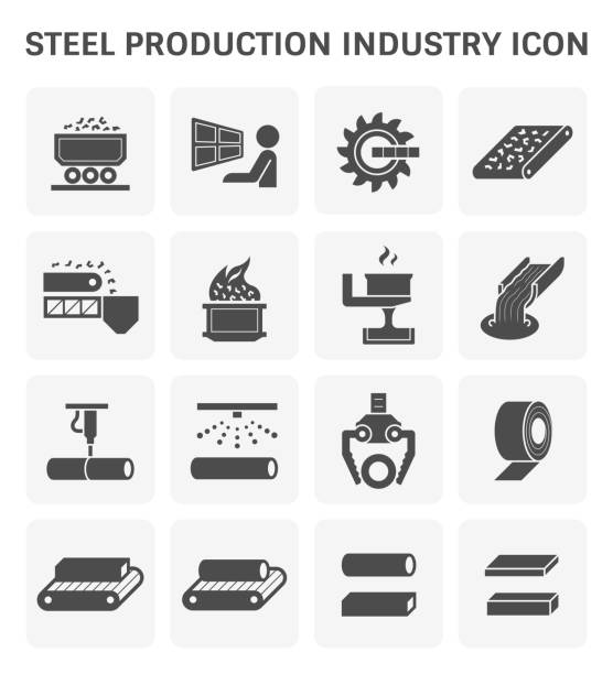 steel production icon Steel and metal production industry or metallurgy vector icon set design. steel mill stock illustrations