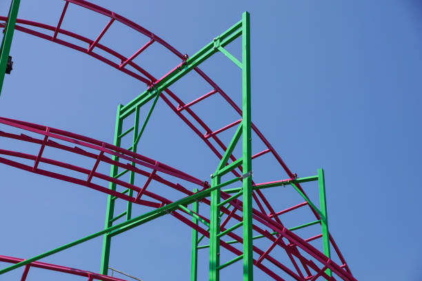 istock Rollercoaster track rail against a brilliant blue sky 821536536
