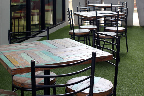 istock empty wooden and chair set on patio 821537992