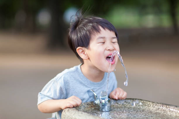 Boy Drinking Water From Water Fountain