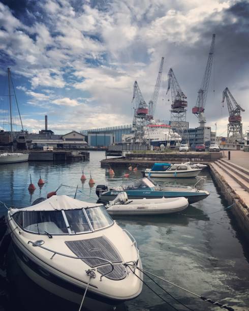 Boats and freight ship in Helsinki harbor, Finland