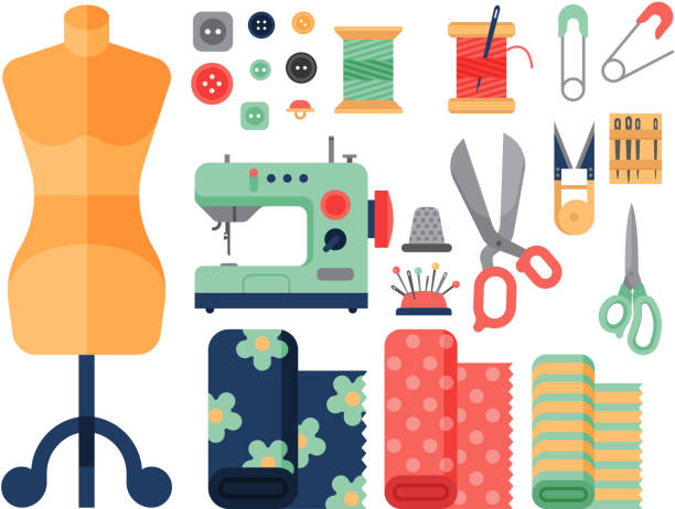 ilustrações de stock, clip art, desenhos animados e ícones de thread supplies accessories sewing equipment tailoring fashion pin craft needlework vector illustration - sewing tailor thread sewing kit