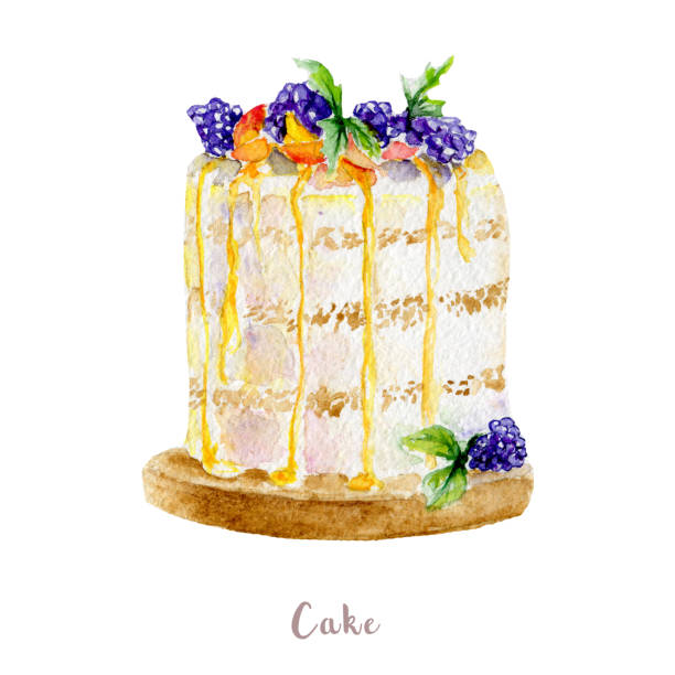 水彩の手描きケーキ。白い背景の上の隔離されたデザート図 - tart cake pie isolated点のイラスト素材／クリップアート素材／マンガ素材／アイコン素材