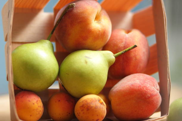 istock Pears and peaches in a wooden basket 821578740