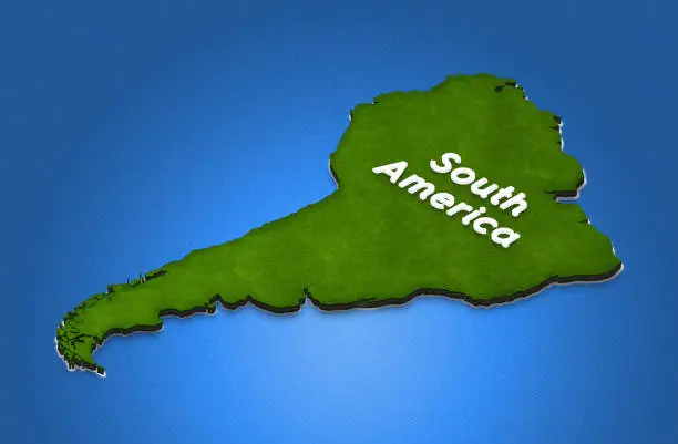 Illustration of a green ground map of South America on water background. Left 3D isometric projection with the name of continent.