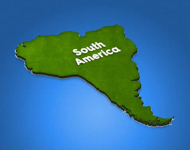 Illustration of a green ground map of South America on ocean water background. Right 3D isometric projection with the name of continent.
