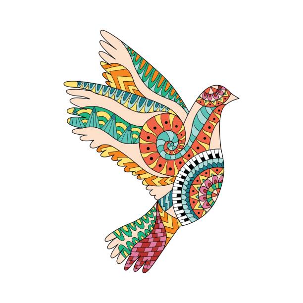 Hand drawn colorful flying dove in ornamental style. Hand drawn colorful flying dove in ornamental style. Pigeon ornamental silhouette. Hippie ornamental pattern. Ethnic tattoo design. Isolated vector illustration. signs and symbols stock illustrations