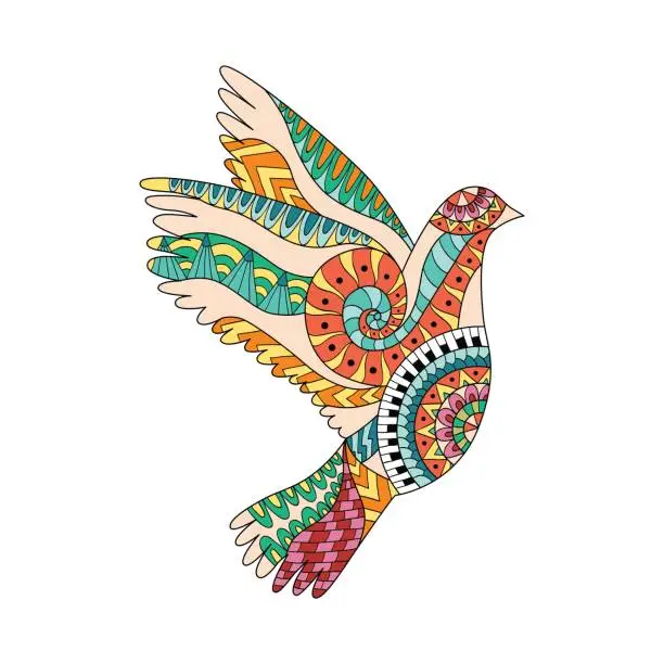 Vector illustration of Hand drawn colorful flying dove in ornamental style.