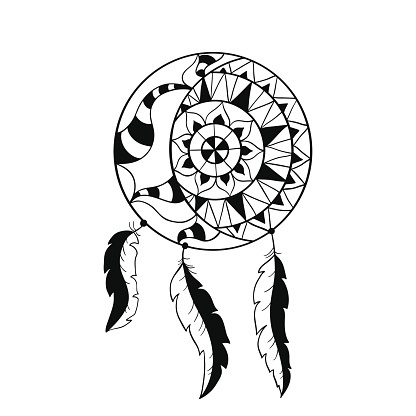 Dream catcher symbol. Sun and moon. Ethnic indian element. Coloring book page for adult. Native american pattern. Dreamcatcher totem icon. Aztec amulet. Boho chic fashion print. Bohemian flower ornamental design.