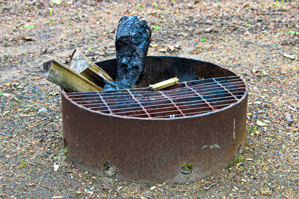 костер кольцо яму с деревом торчали из него - fire pit fire camping campfire стоковые фото и изображения