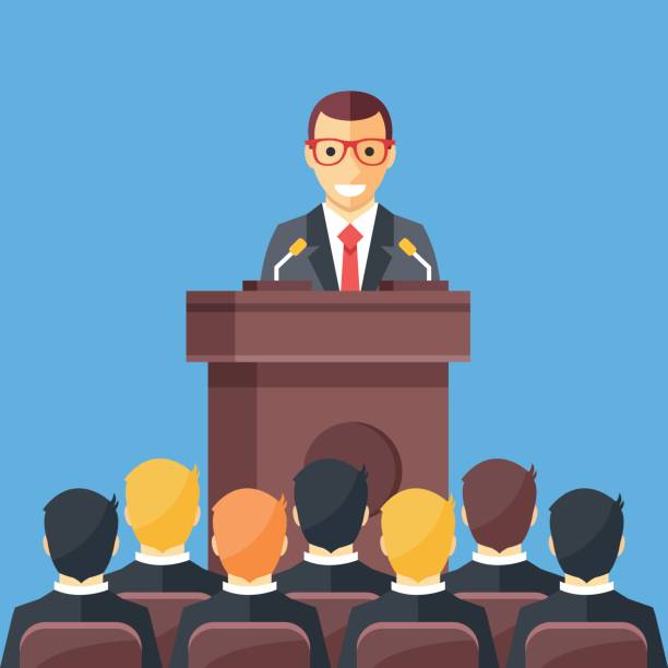 ilustrações de stock, clip art, desenhos animados e ícones de business conference, business meeting. man at rostrum in front of audience. public speaker giving a talk at conference hall. orator at tribune concepts. modern flat design vector illustration - symbol computer icon education icon set