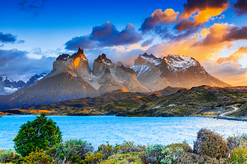 Torres Del Paine National Park, Chile. Sunrise at the Pehoe lake.