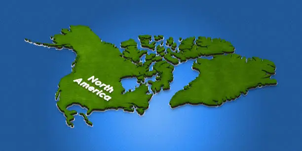 Illustration of a green ground map of North America on water background. Left 3D isometric projection with the name of continent.