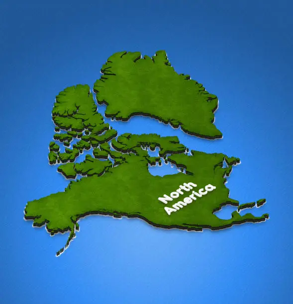 Illustration of a green ground map of North America on water background. Right 3D isometric projection with the name of continent.