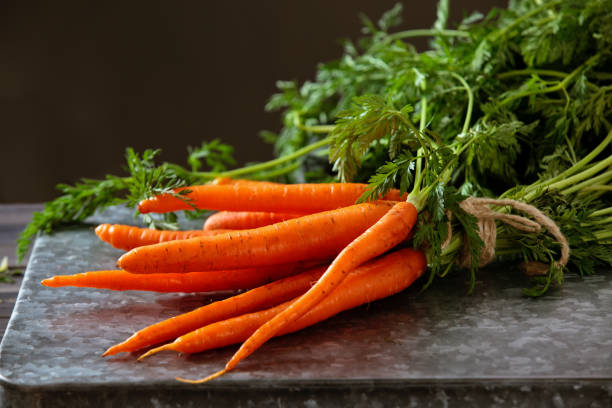 Heap of ripe carrots. Heap of ripe carrots with leaves on dark rustic table. carrot stock pictures, royalty-free photos & images