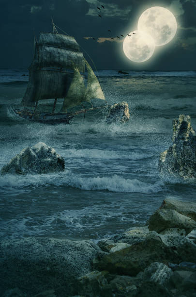 ciężka pogoda napędza szkuner na skały morskie - sea storm sailing ship night zdjęcia i obrazy z banku zdjęć